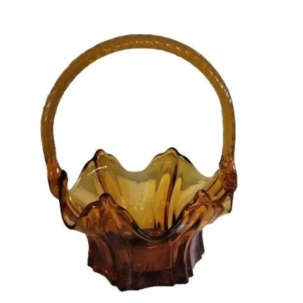 Vintage Fenton Glass Amber Vulcan Style Basket Twisted Handle